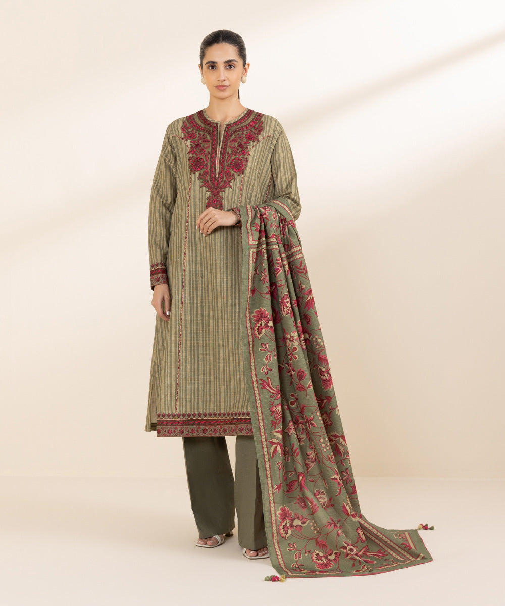 Women's Unstitched Khaddar Green Embroidered 2 Piece Suit