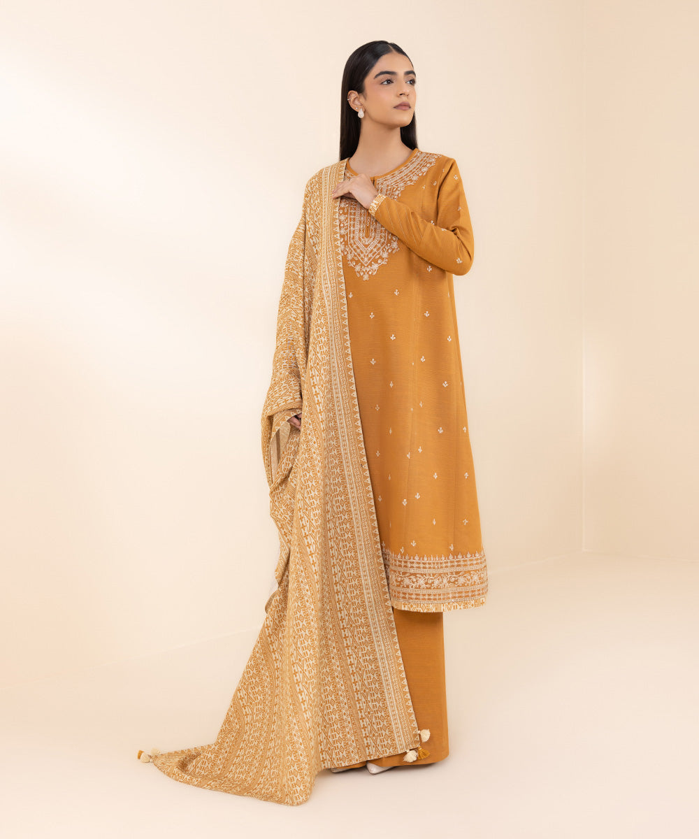 Women's Unstitched Khaddar Embroidered Orange 2 Piece Suit