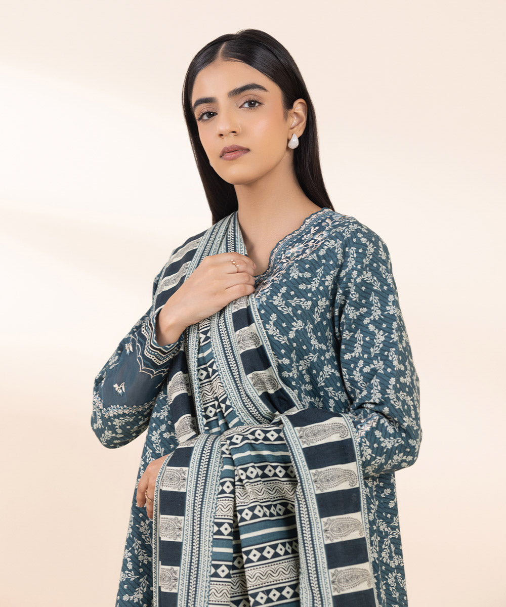 Women's Unstitched Khaddar Embroidered Blue 2 Piece Suit