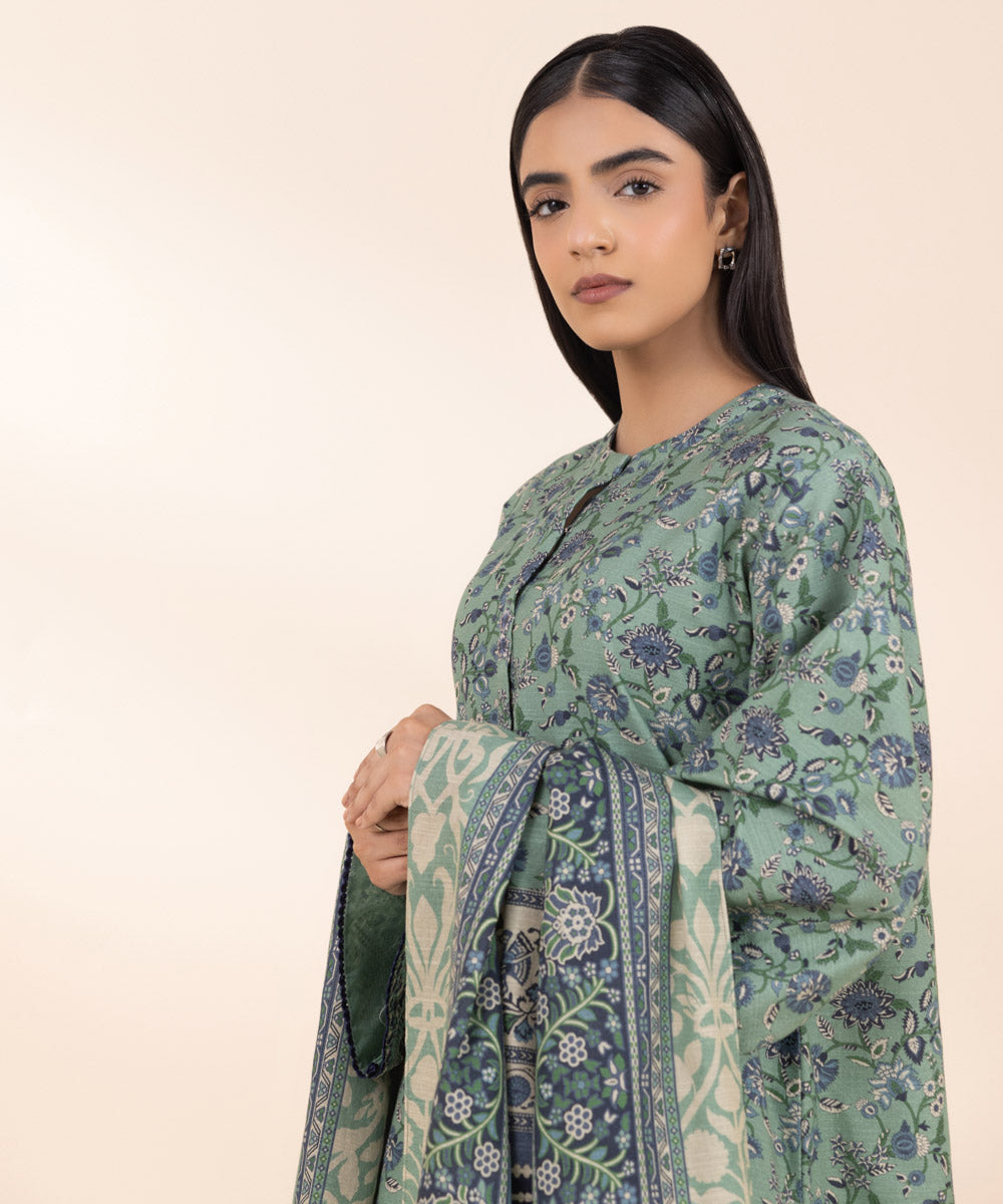 Women's Unstitched Khaddar Embroidered Green 2 Piece Suit