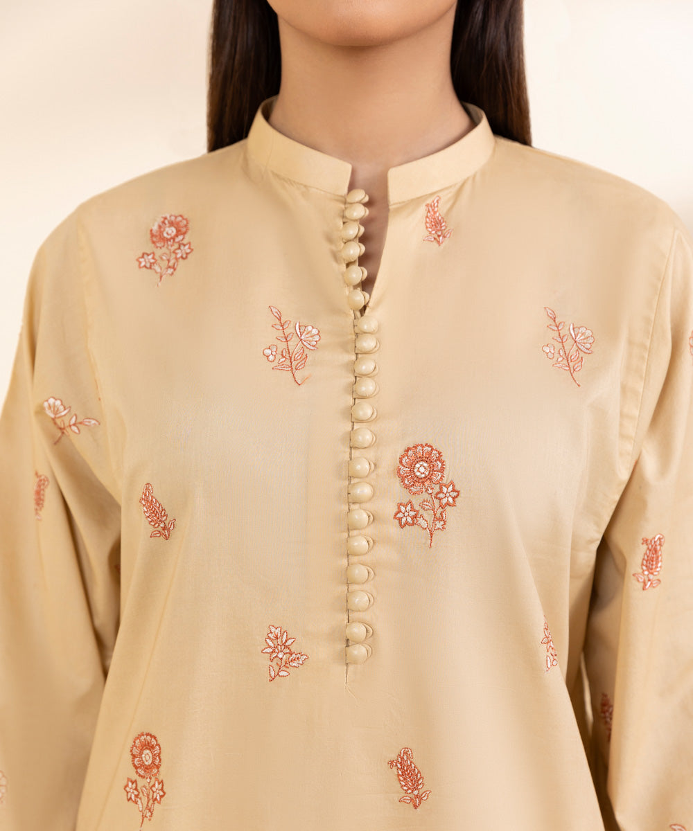 Women's Unstitched Cambric Embroidered Beige 3 Piece Suit