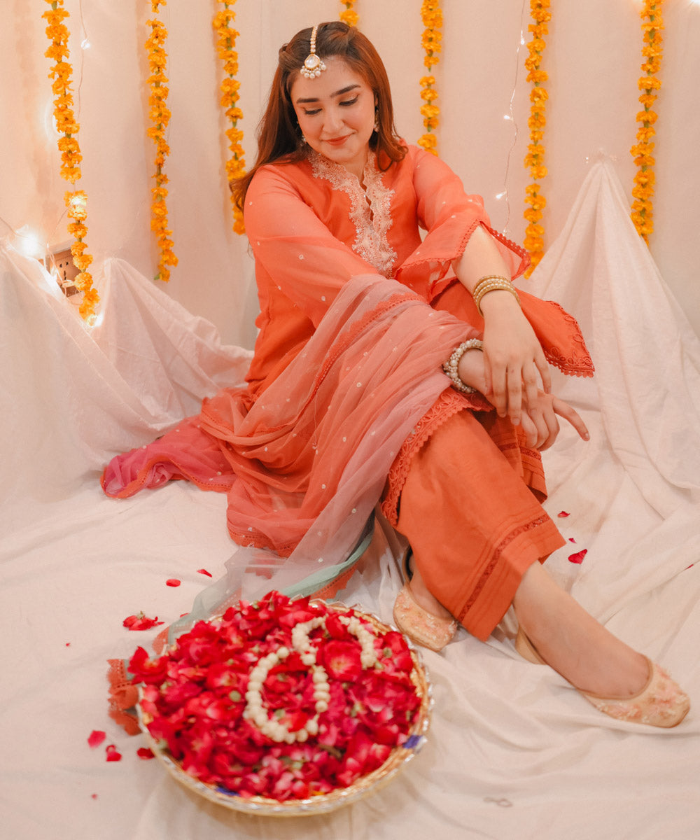 Women's Unstitched Embroidered Blended Organza Orange 3 Piece Suit