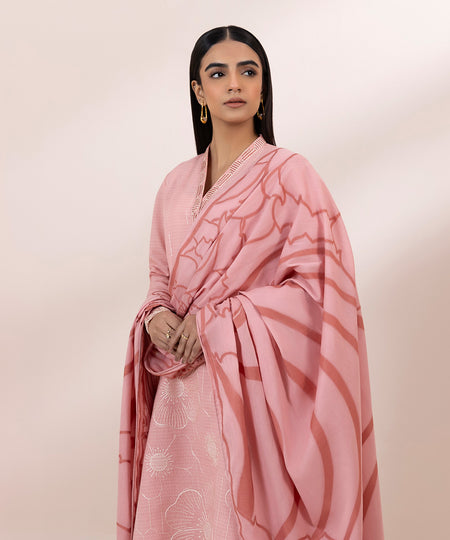 Women's Unstitched Dobby Embroidered Pink 2 Piece Suit