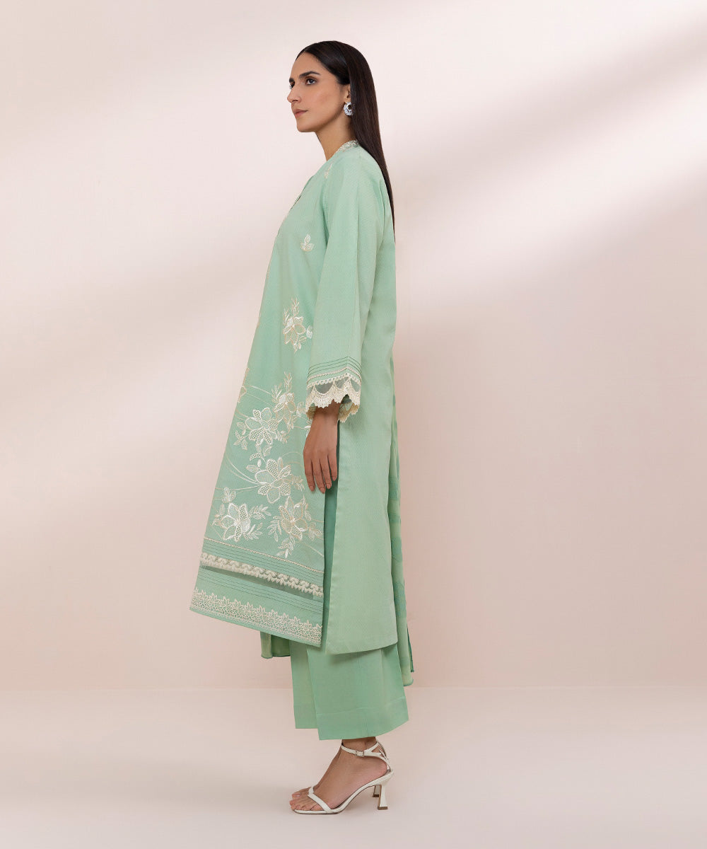 Women's Unstitched Dobby Embroidered Green 2 Piece Suit