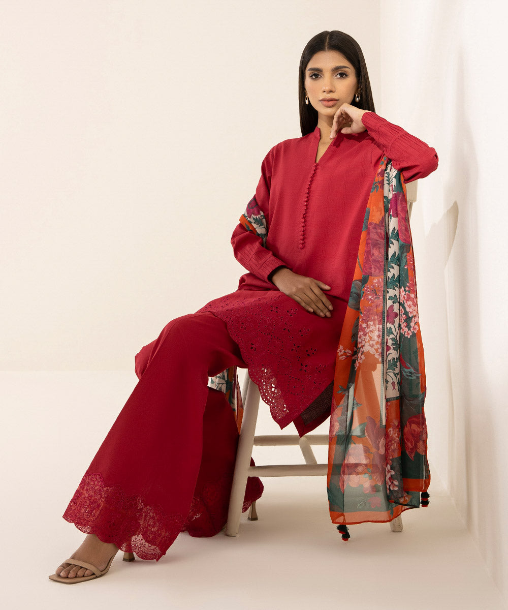 Women's Unstitched Dobby Embroidered Red 2 Piece Suit