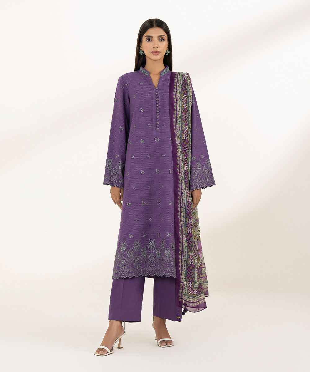 Women's Unstitched Dobby Embroidered Purple 2 Piece Suit