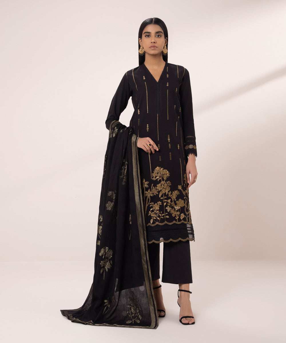 Women's Unstitched Dobby Embroidered Black 2 Piece Suit