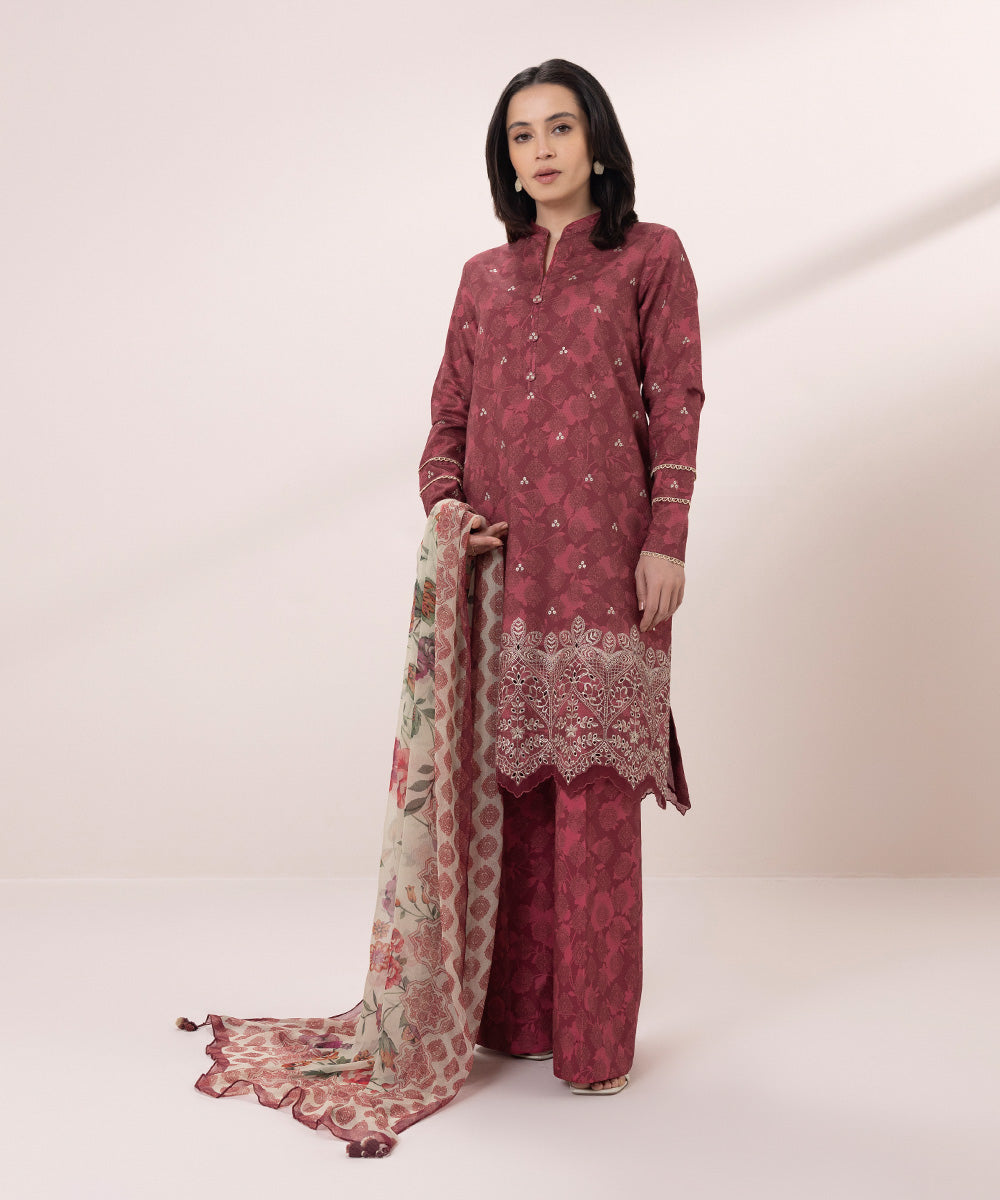 Women's Unstitched Dobby Embroidered Red 3 Piece Suit