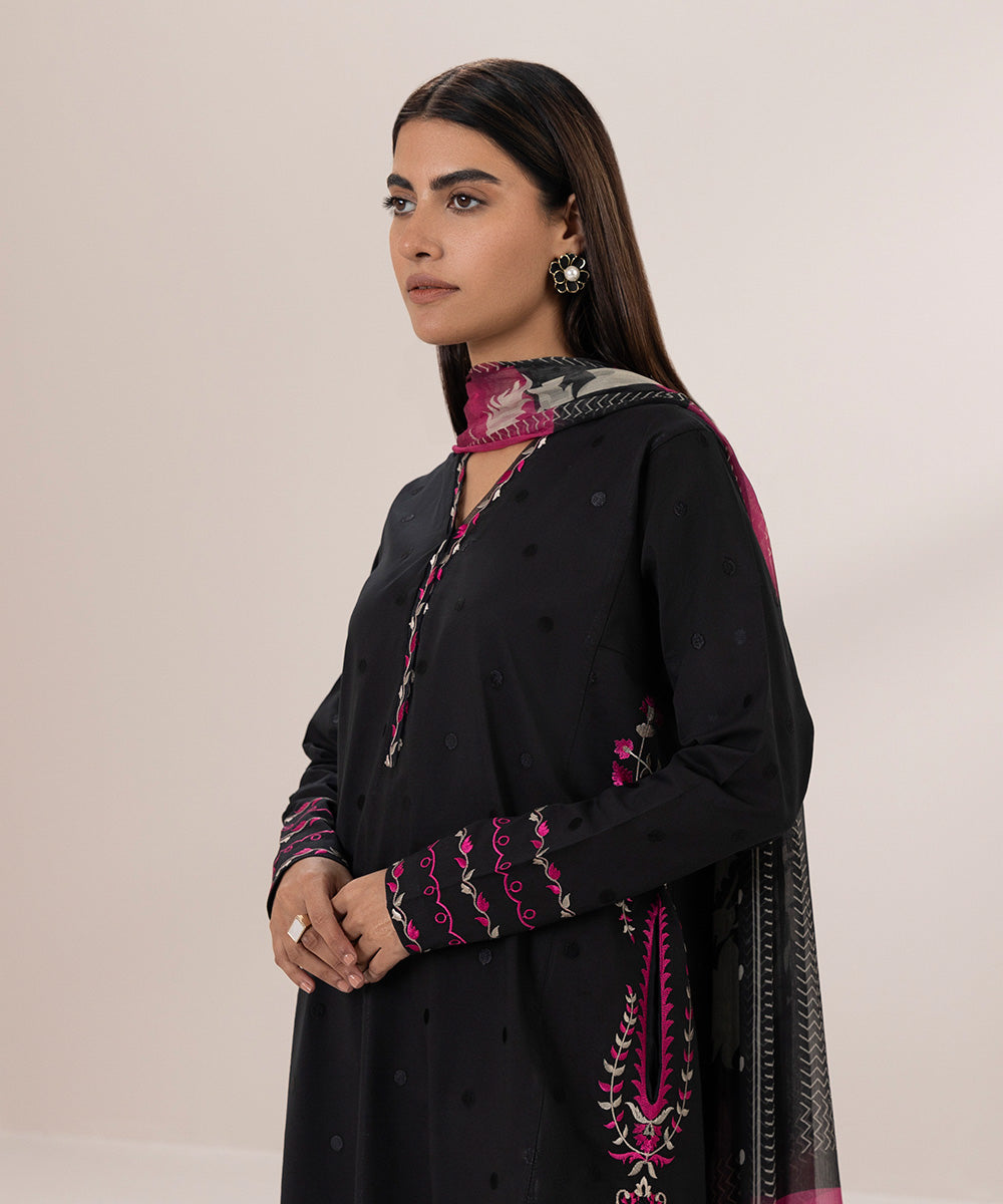 Women's Unstitched Lawn Embroidered Black 2 Piece Suit