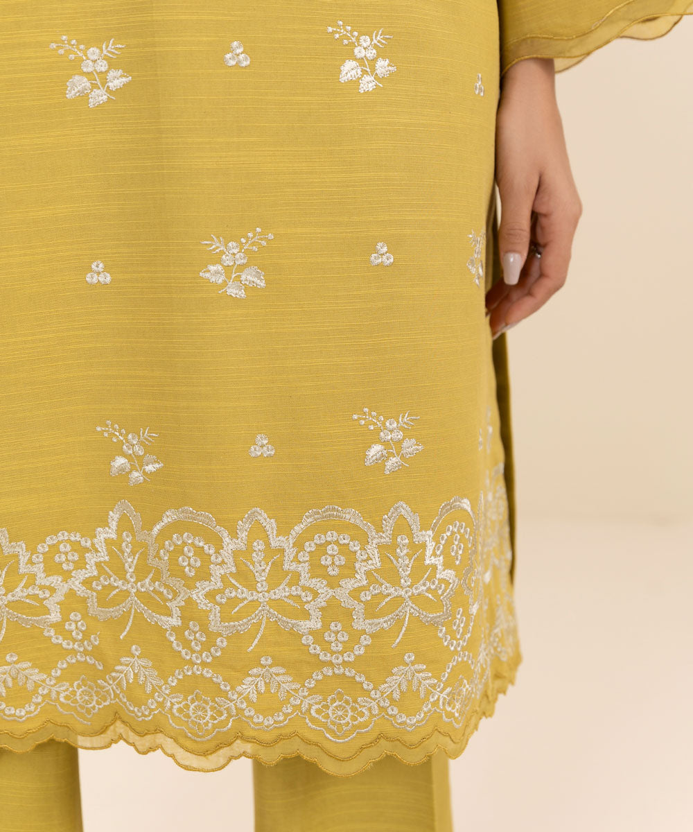 Women's Unstitched Khaddar Yellow Embroidered 2 Piece Suit