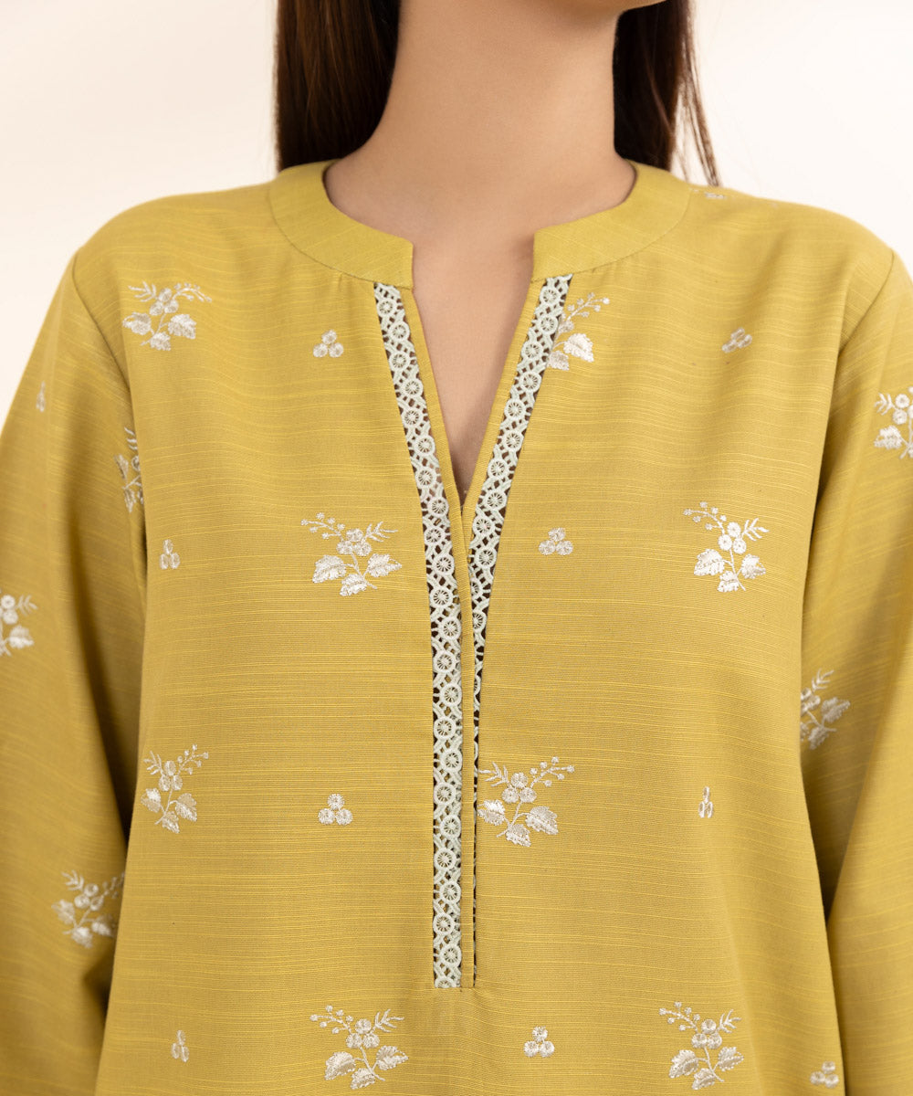 Women's Unstitched Khaddar Yellow Embroidered 2 Piece Suit