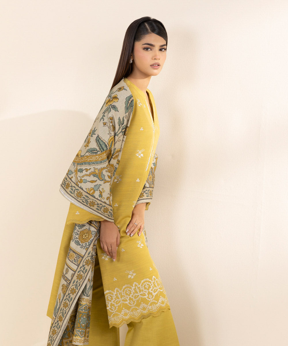 Women's Unstitched Khaddar Yellow Embroidered 2 Piece Suit