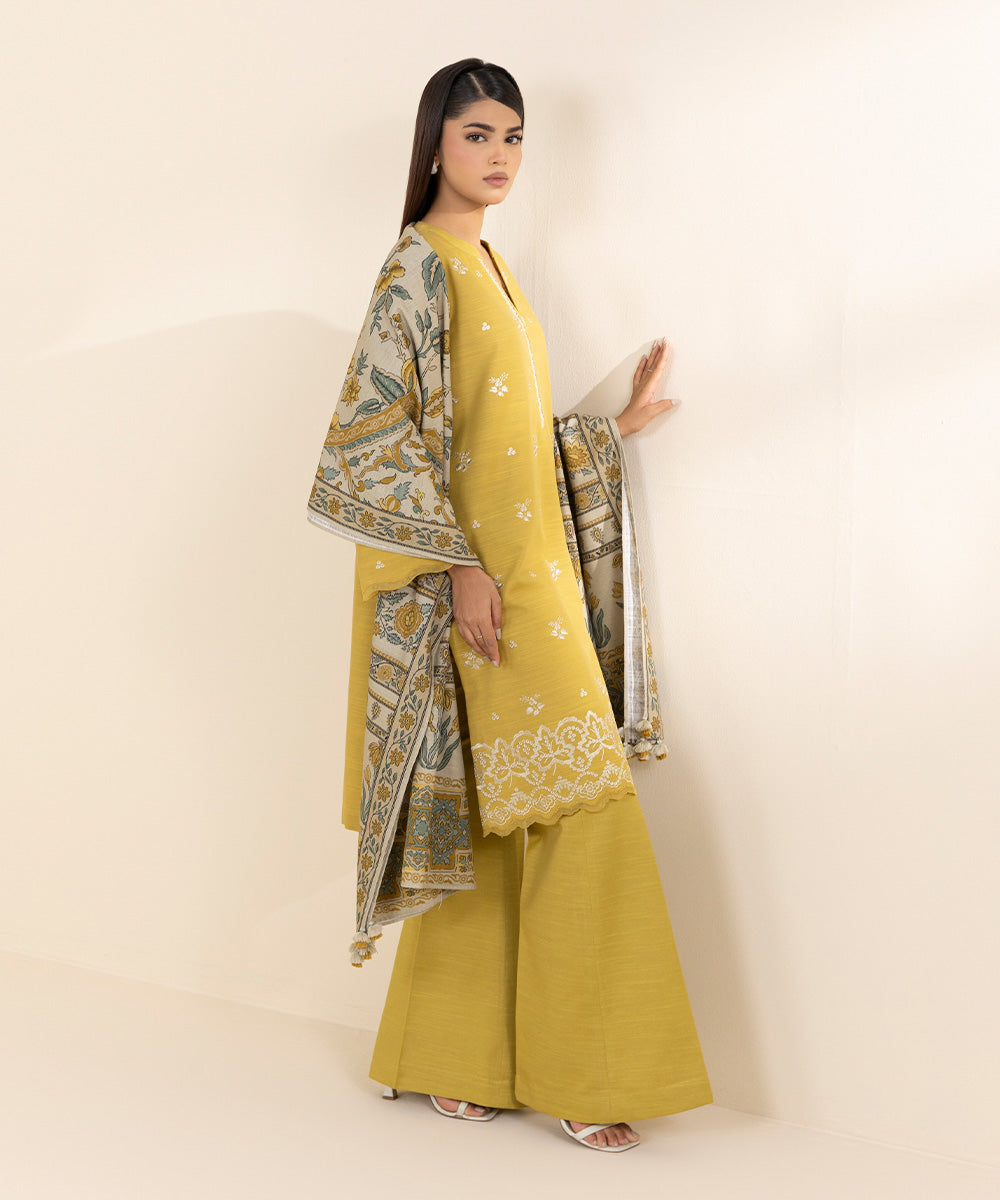 Women's Unstitched Khaddar Yellow Embroidered 2 Piece Suit