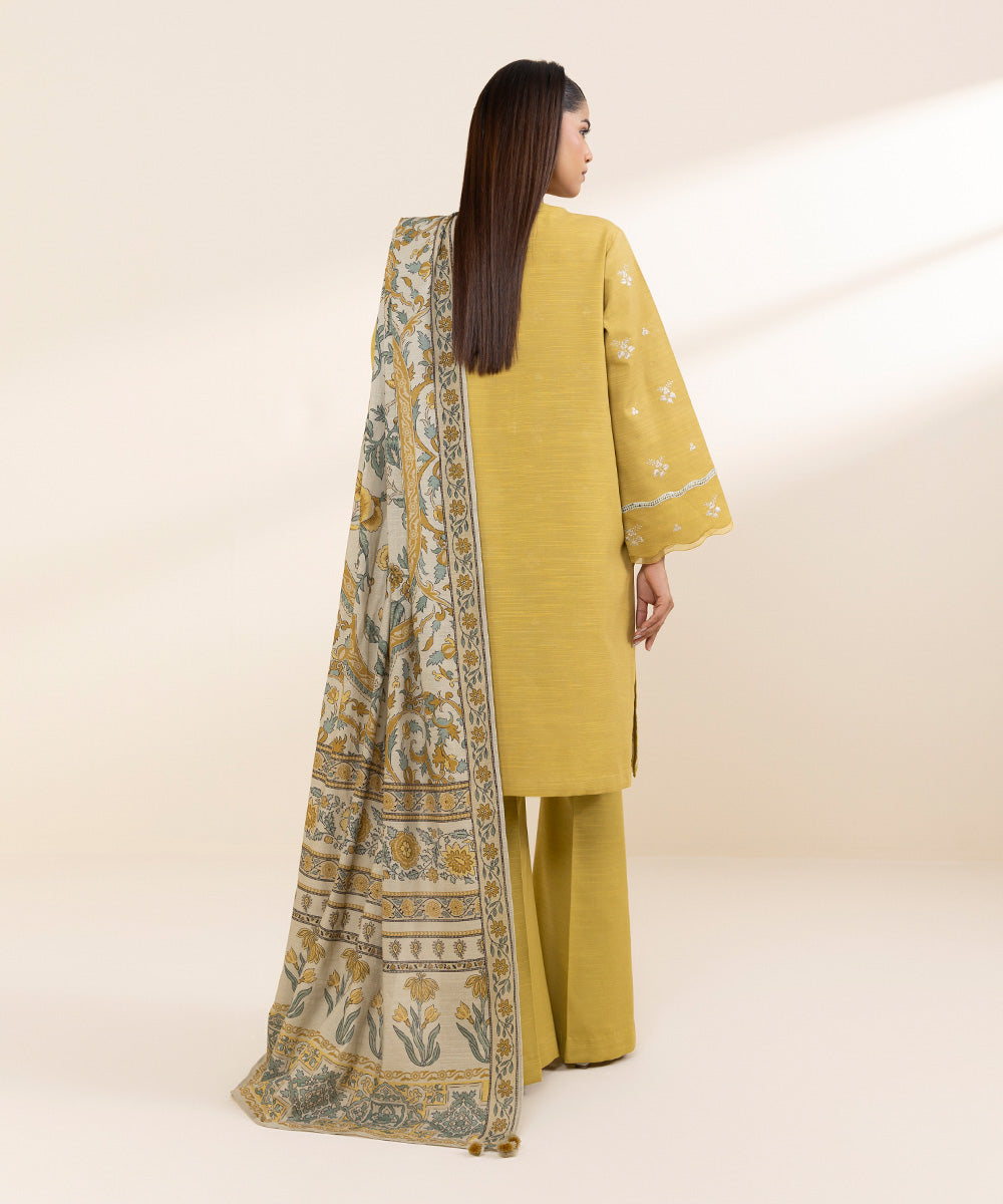 Women's Unstitched Khaddar Yellow Embroidered 2 Piece Suit