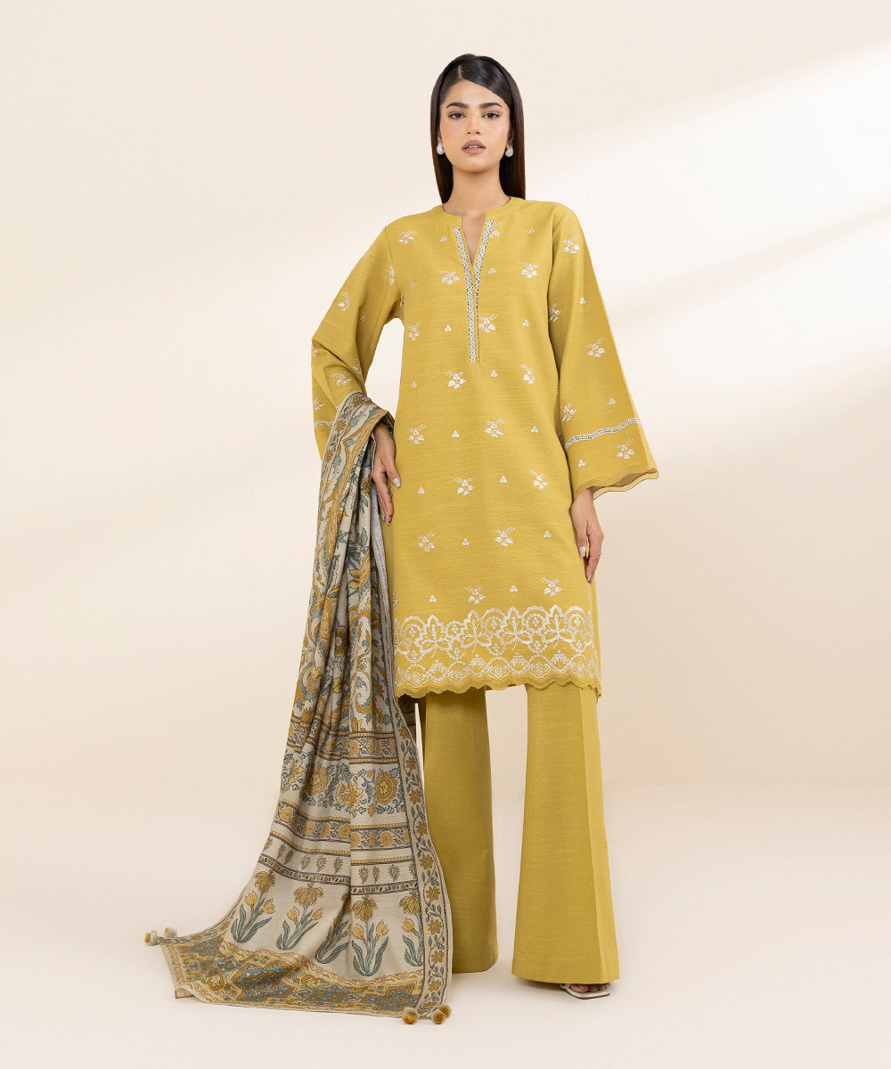 Women's Unstitched Khaddar Yellow Embroidered 2 Piece Suit