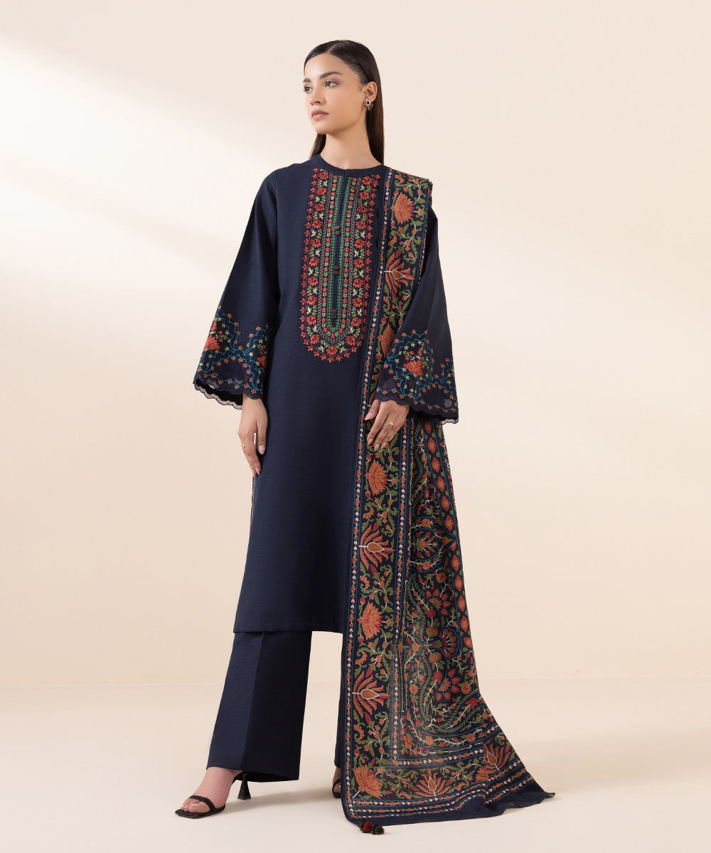 Women's Unstitched Khaddar Blue Embroidered 2 Piece Suit