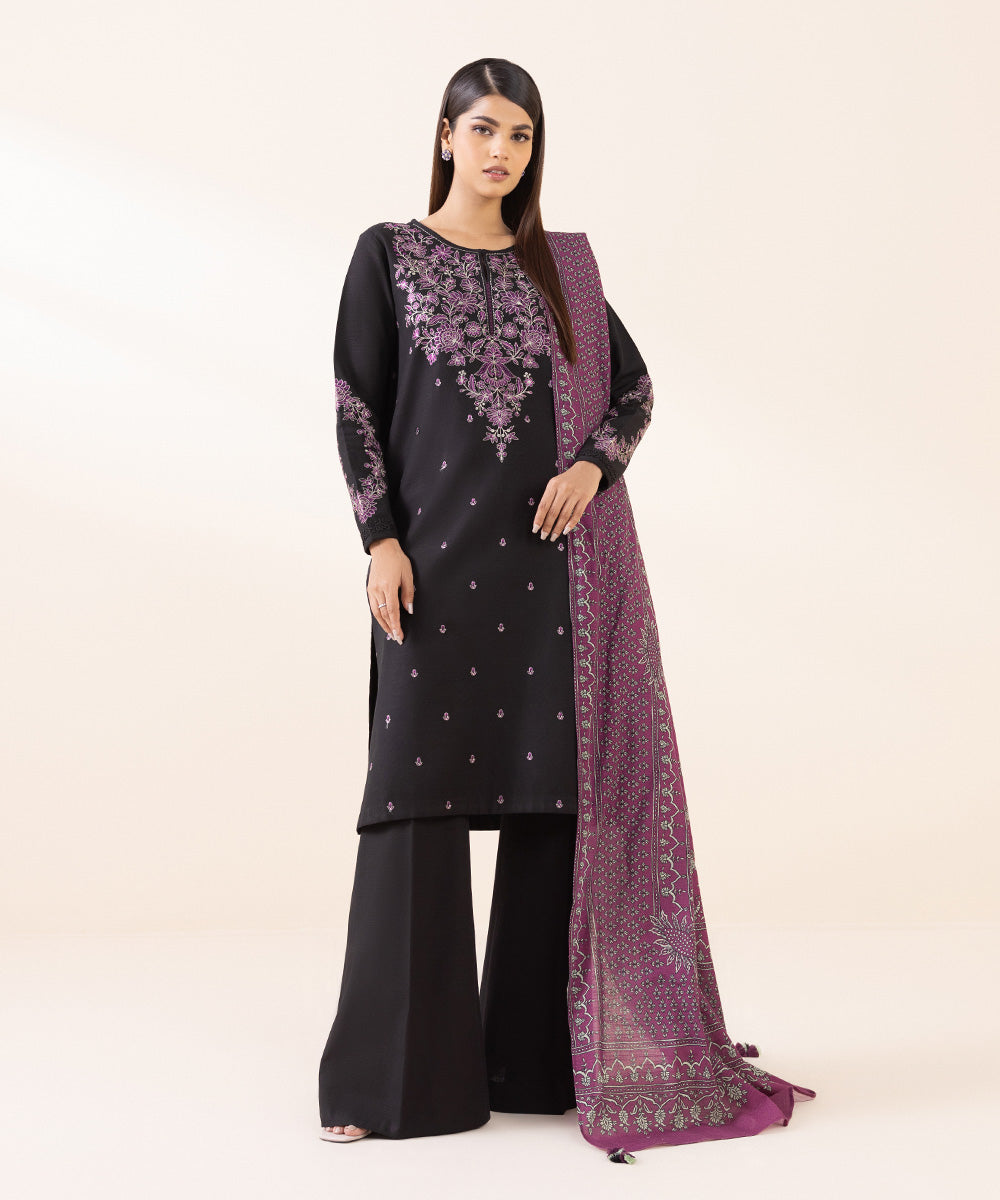 Women's Unstitched Light Khaddar Black Embroidered 2 Piece Suit