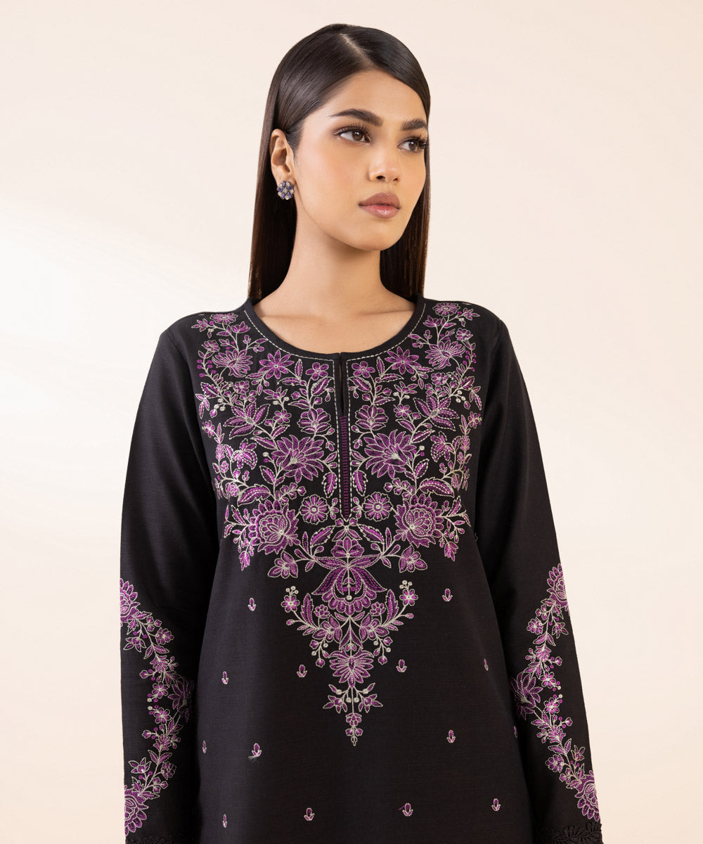 Women's Unstitched Light Khaddar Black Embroidered 2 Piece Suit