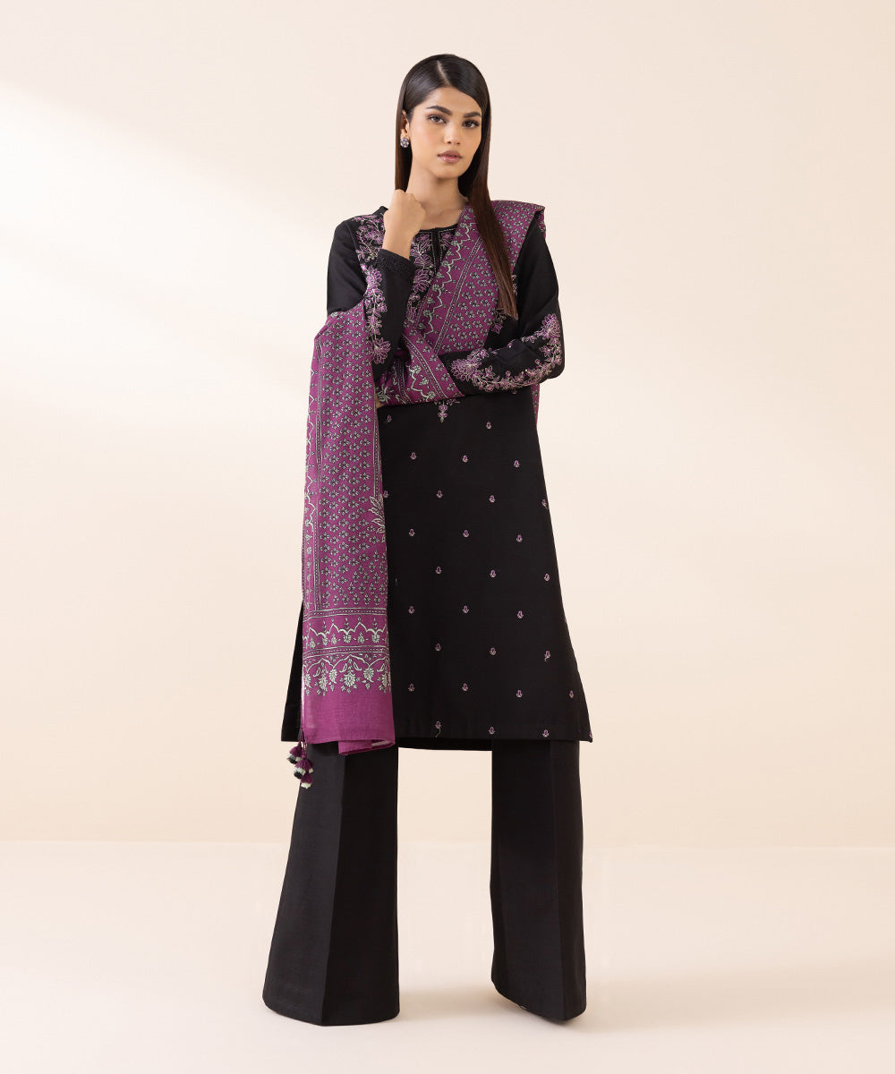 Women's Unstitched Light Khaddar Black Embroidered 2 Piece Suit