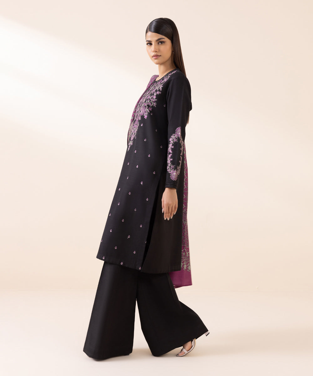 Women's Unstitched Light Khaddar Black Embroidered 2 Piece Suit