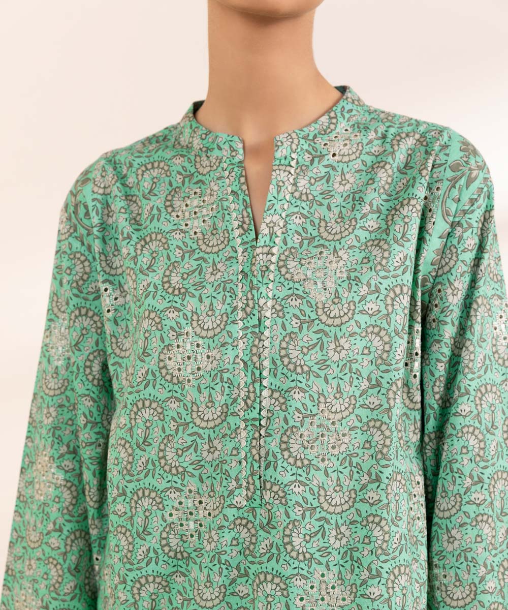 Women's Unstitched Dobby Green Embroidered 2 Piece Suit