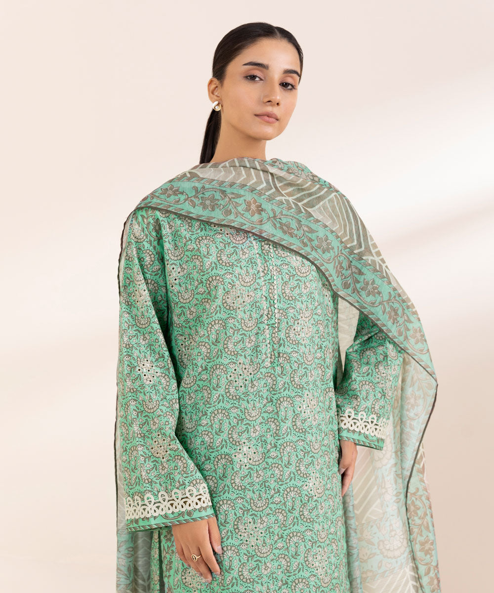 Women's Unstitched Dobby Green Embroidered 2 Piece Suit