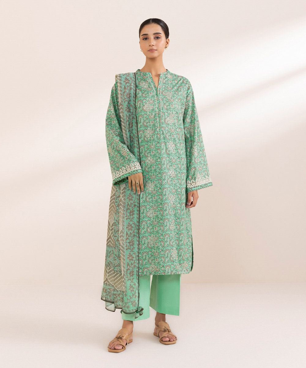 Women's Unstitched Dobby Green Embroidered 2 Piece Suit