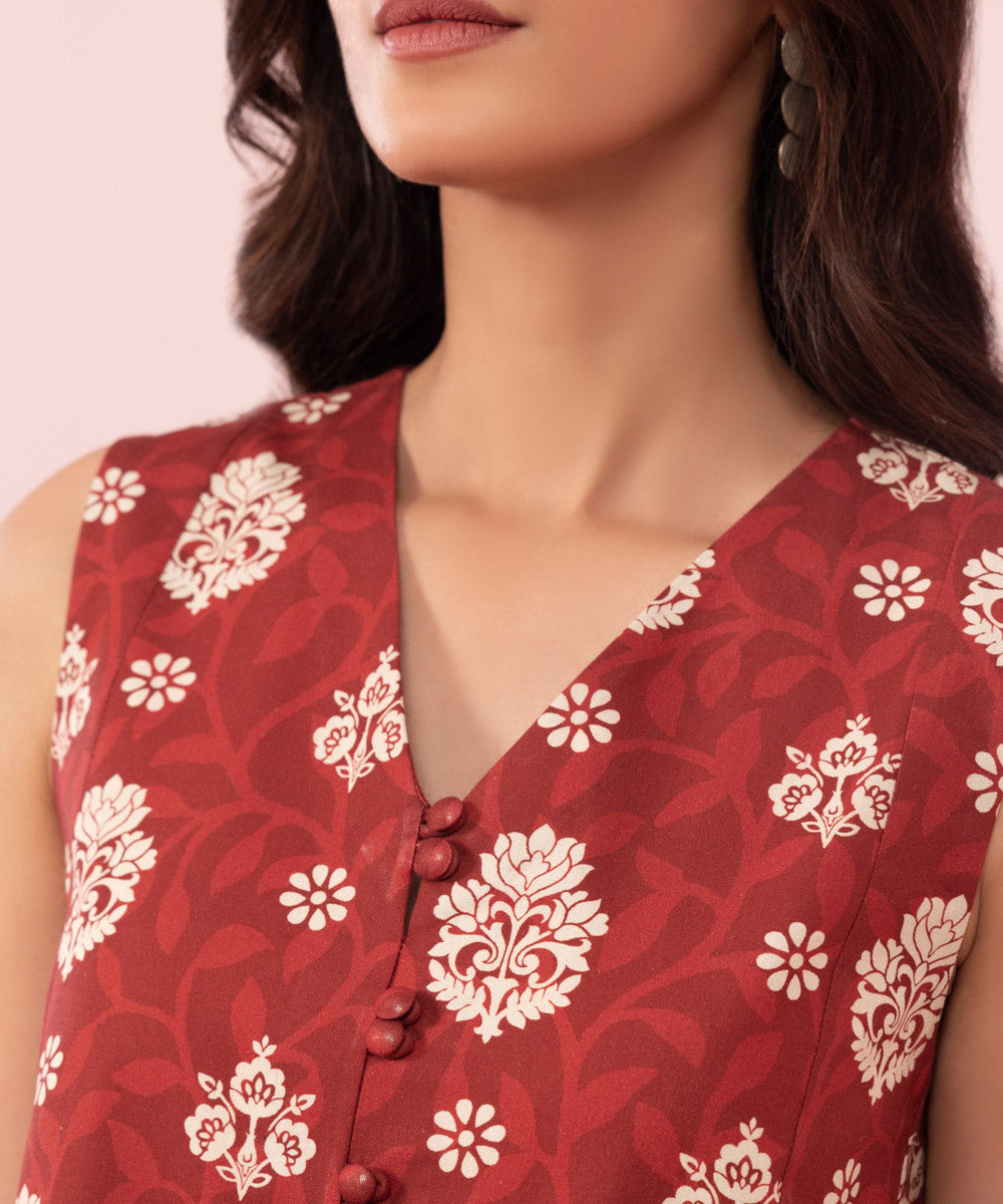 Women's Unstitched Printed Cambric Maroon 2 Piece Suit
