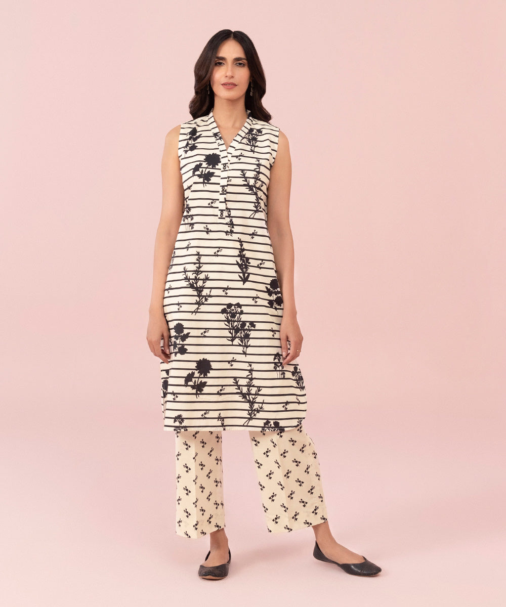 Women's Unstitched Printed Cambric Black and White 2 Piece Suit