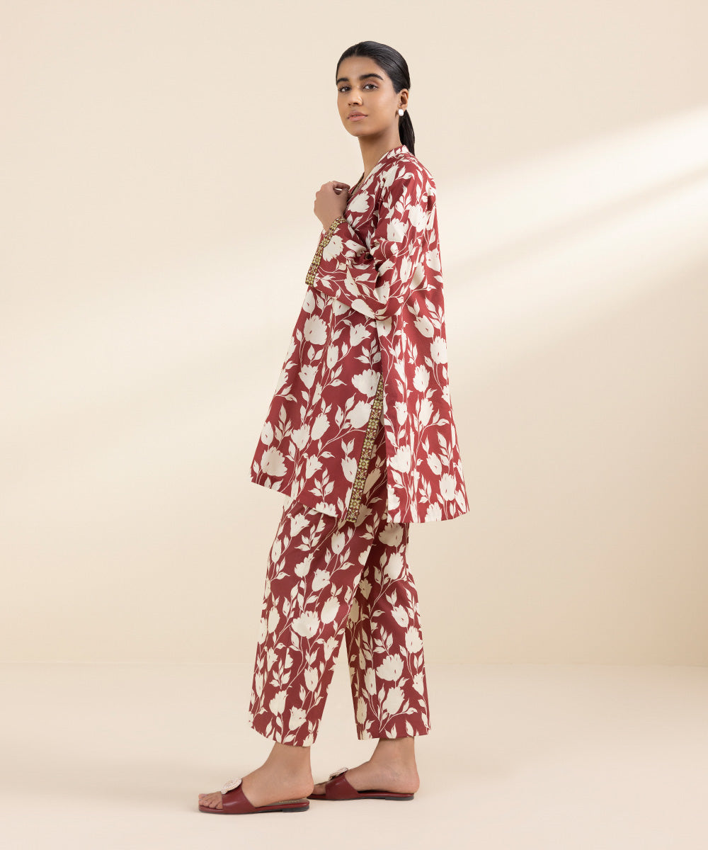 Women's Unstitched Lawn Red Printed 2 Piece Suit