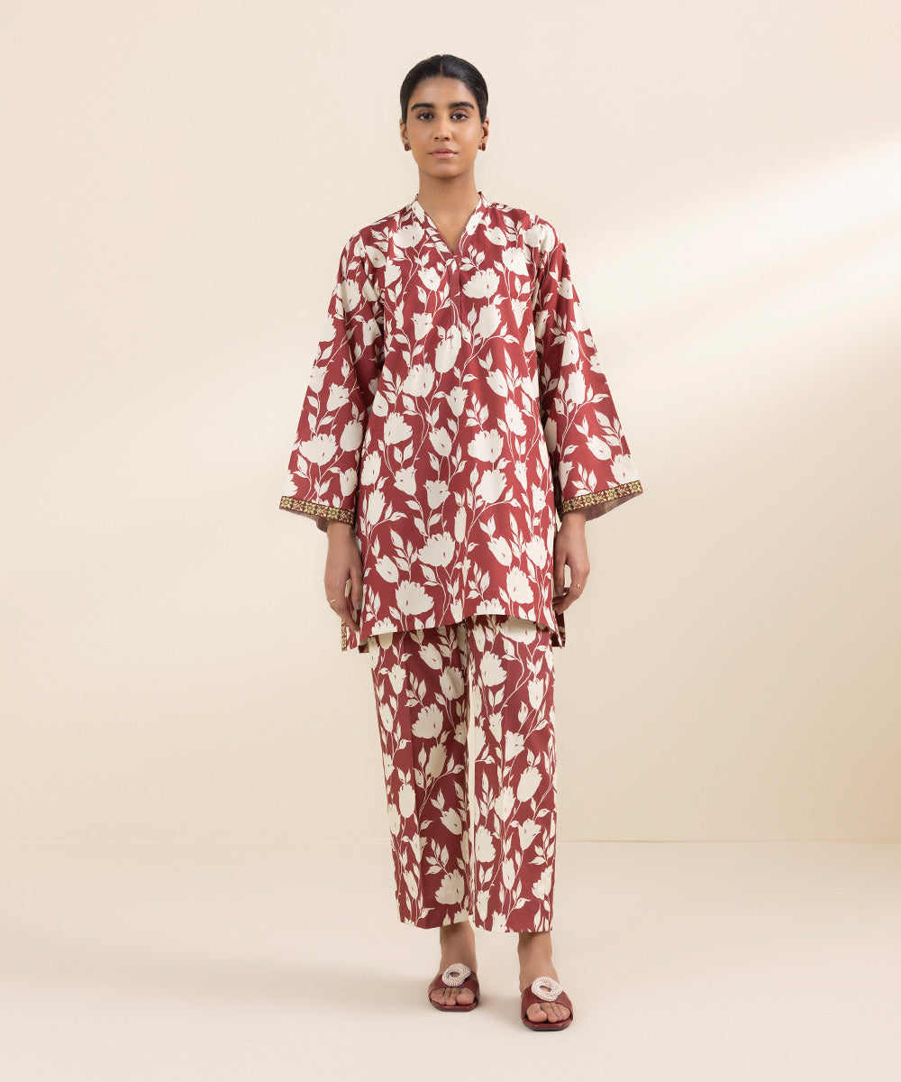 Women's Unstitched Lawn Red Printed 2 Piece Suit