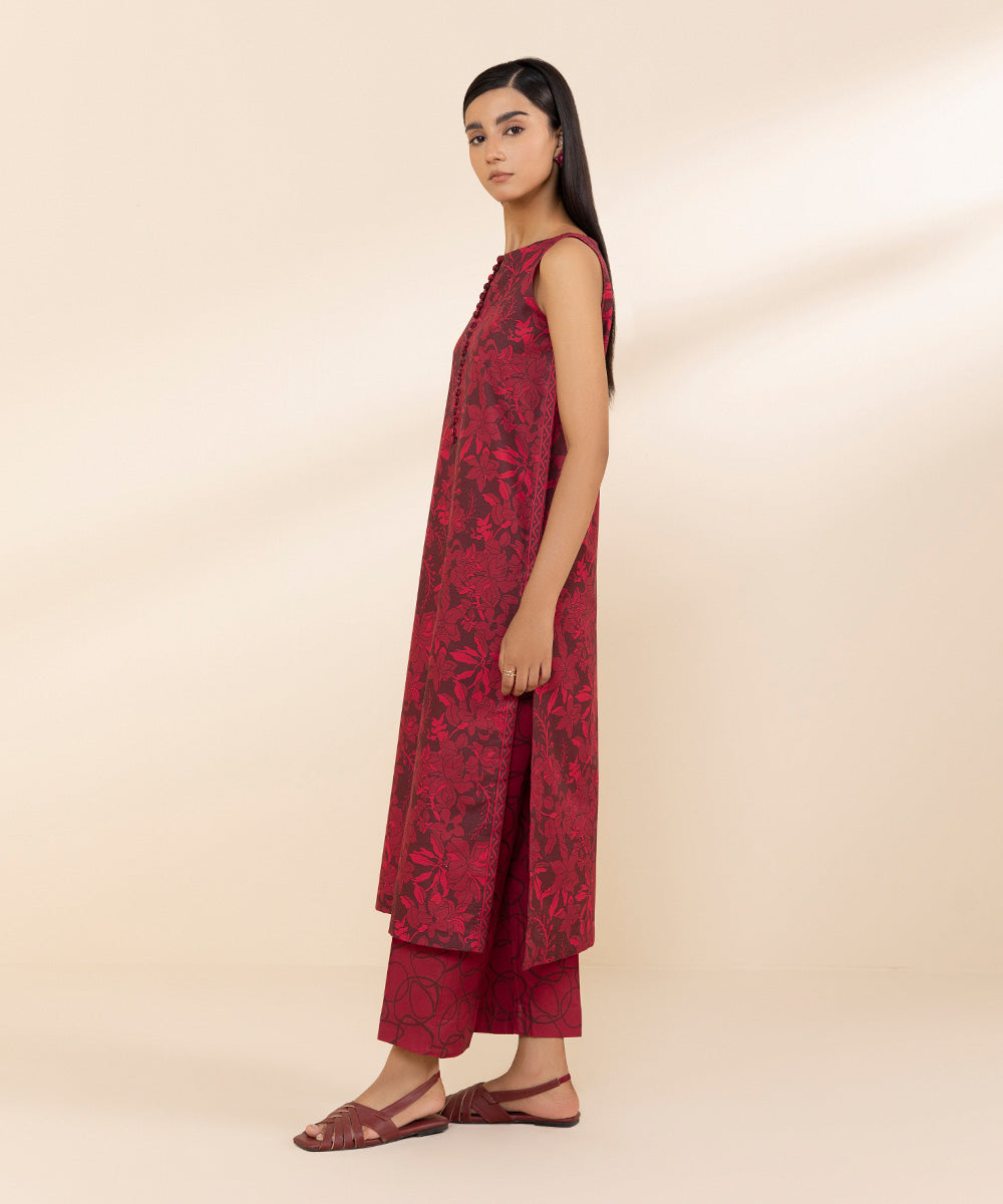 Women's Lawn Printed Red Unstitched 2 Piece Suit