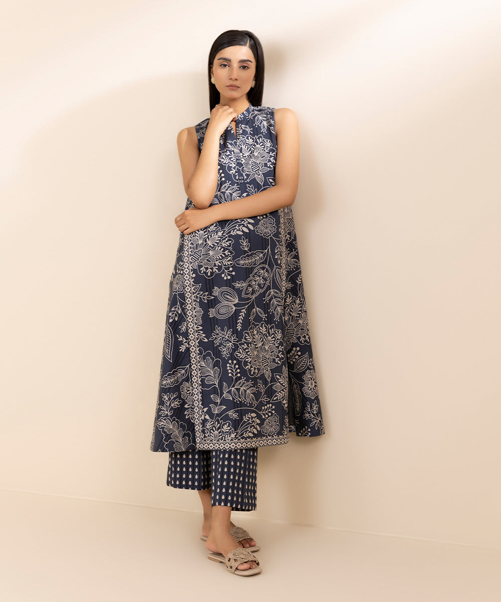 Women's Lawn Printed Blue Unstitched 2 Piece Suit