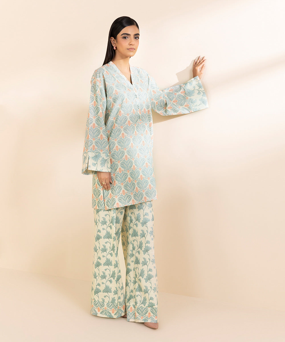 Women's Unstitched Light Khaddar Printed Blue 2 Piece Suit