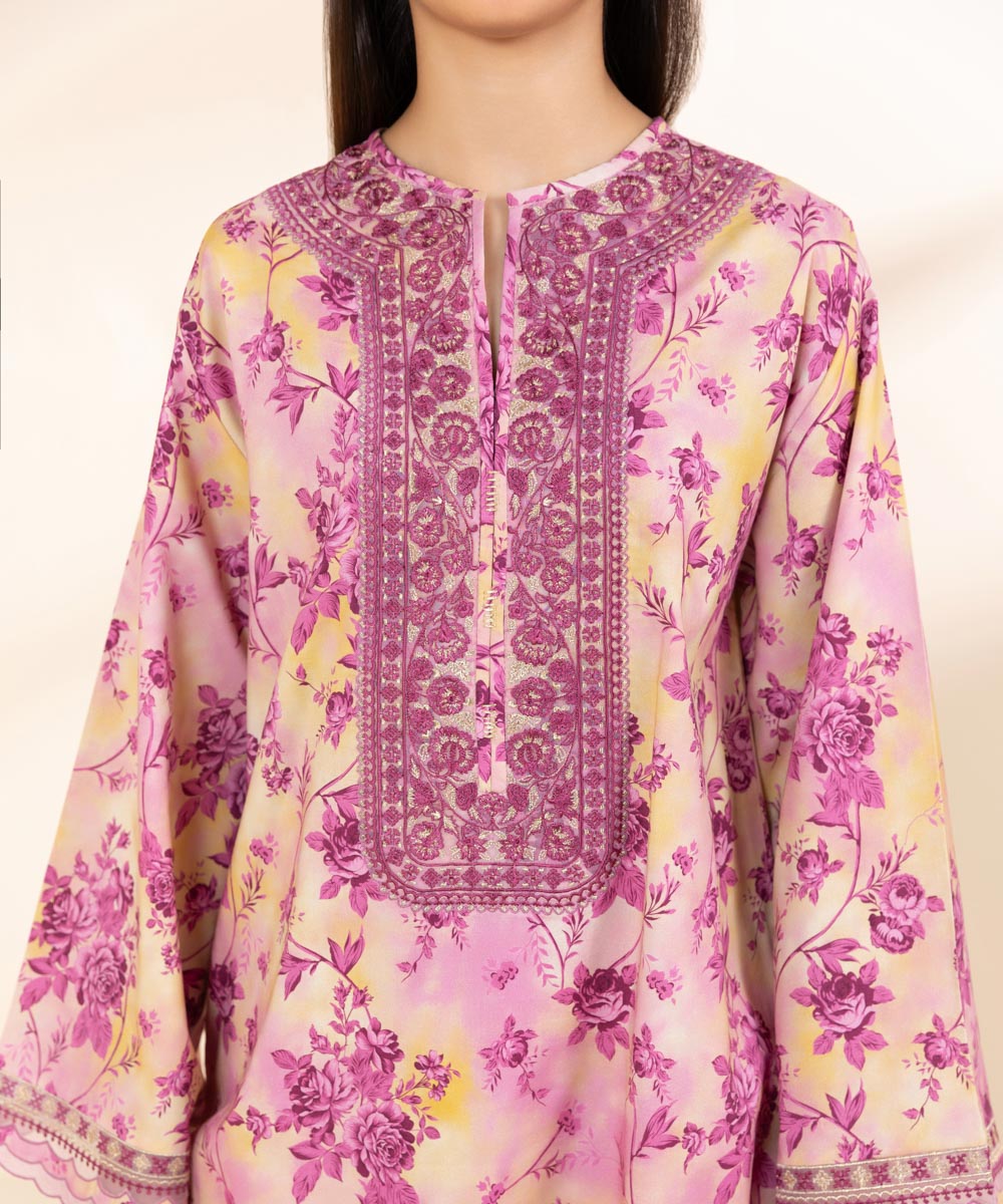 Women's Unstitched Embroidered Cotton Viscose Pink 2 Piece Suit