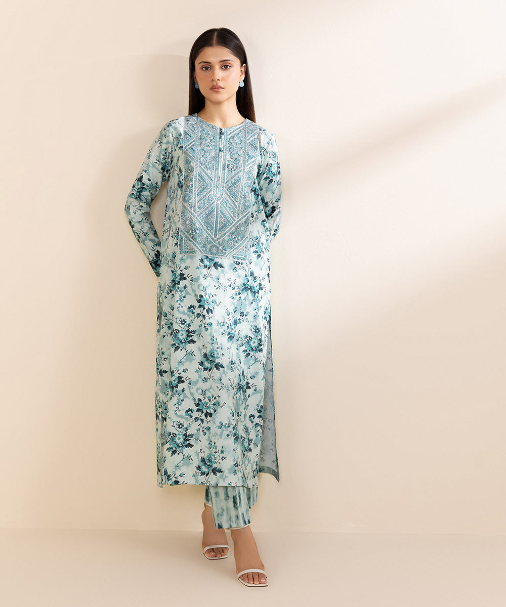 Women's Unstitched Embroidered Linen Blue 2 Piece Suit