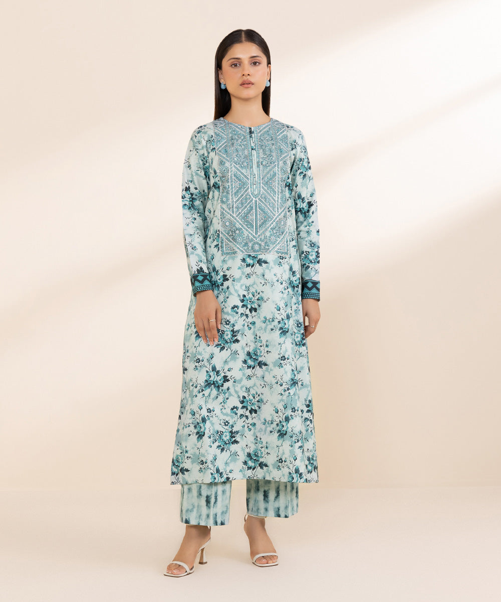 Women's Unstitched Embroidered Linen Blue 2 Piece Suit