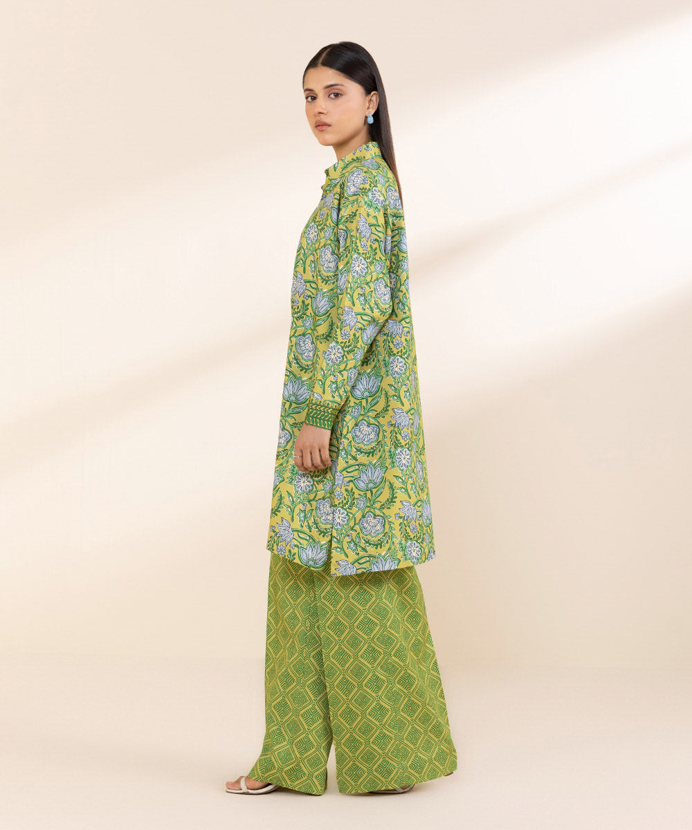 Women's Unstitched Printed Linen Green 2 Piece Suit