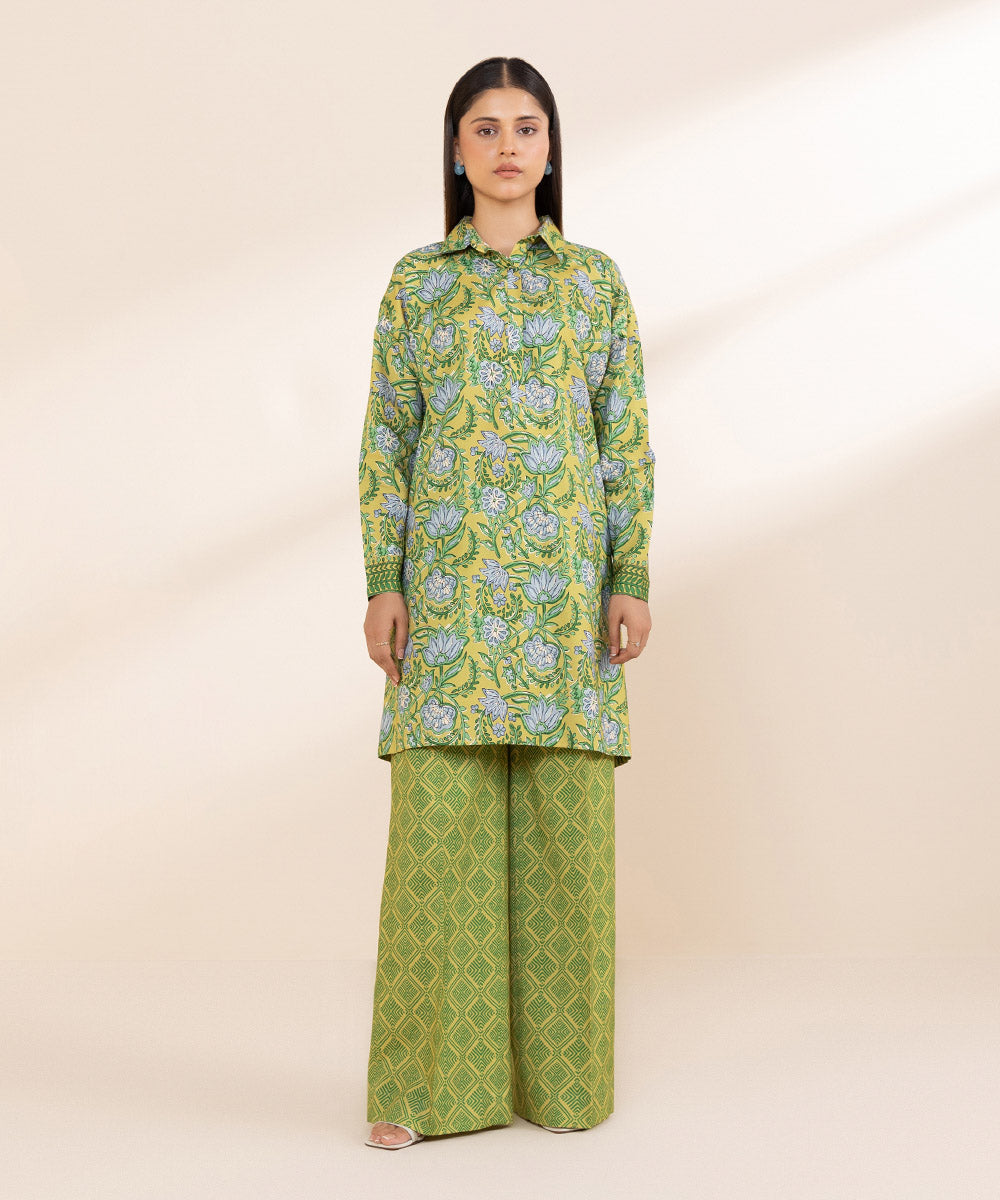 Women's Unstitched Printed Linen Green 2 Piece Suit