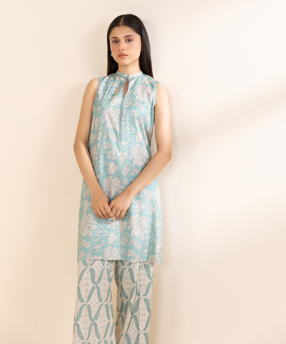 Women's Unstitched Printed Linen Blue 2 Piece Suit