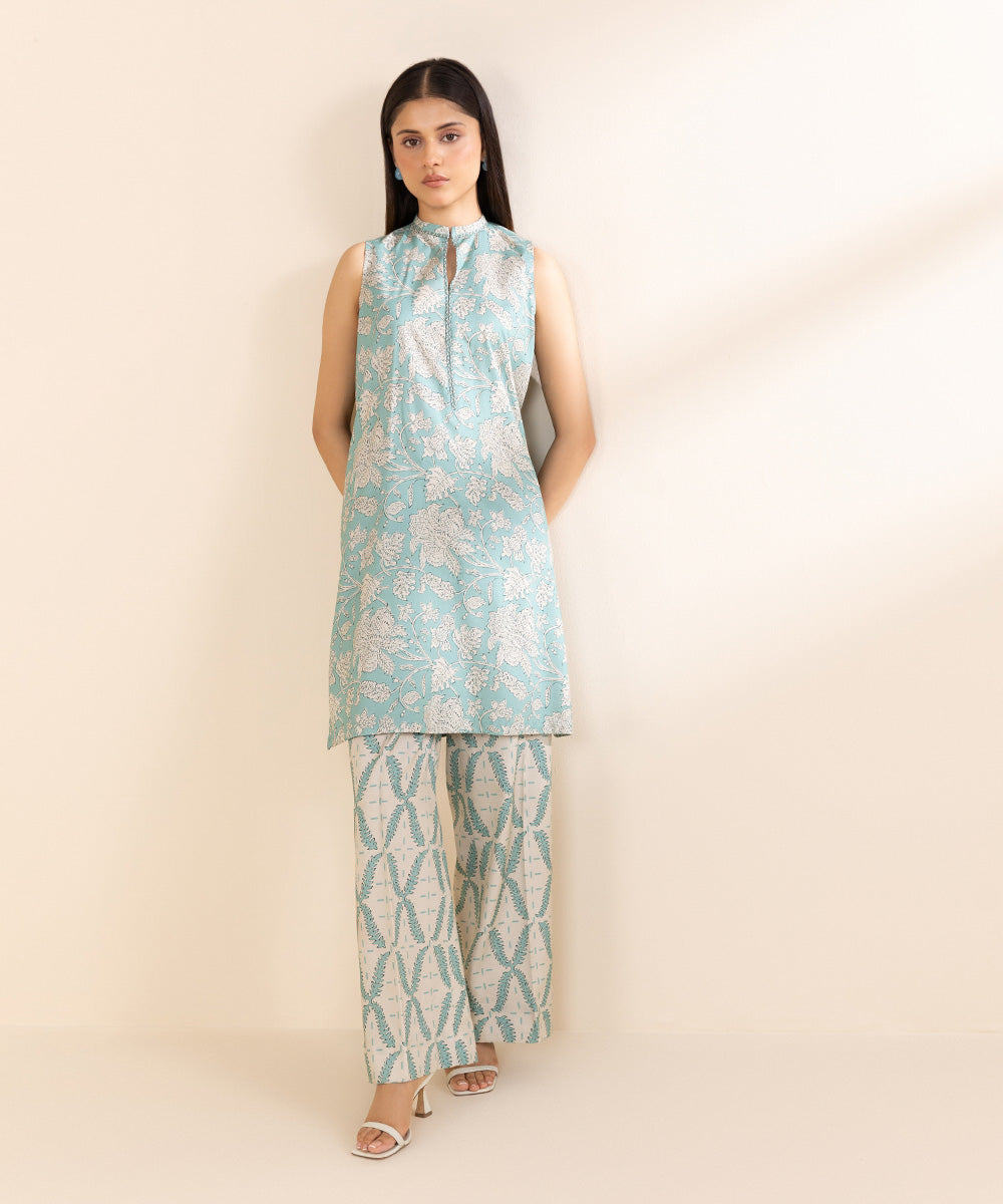 Women's Unstitched Printed Linen Blue 2 Piece Suit