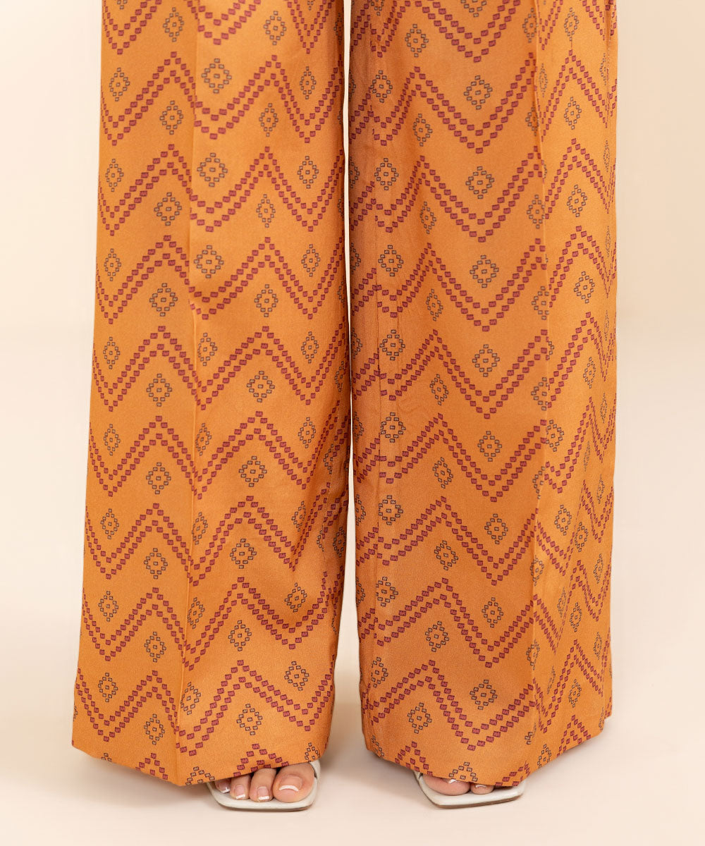 Women's Unstitched Printed Linen Orange 2 Piece Suit