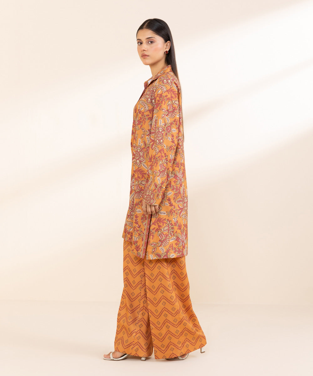 Women's Unstitched Printed Linen Orange 2 Piece Suit