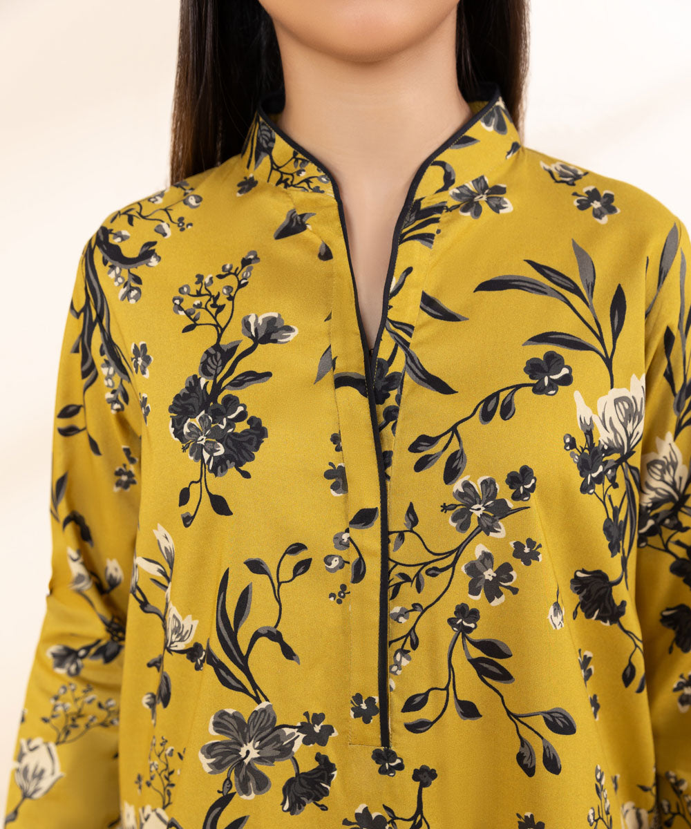 Women's Unstitched Printed Cotton Viscose Yellow 2 Piece Suit