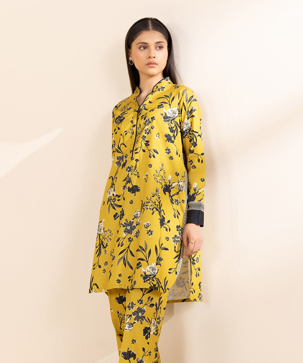 Women's Unstitched Printed Cotton Viscose Yellow 2 Piece Suit