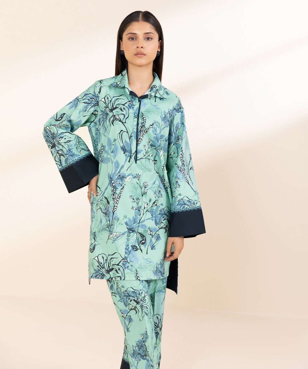 Women's Unstitched Printed Linen Blue 2 Piece Suit