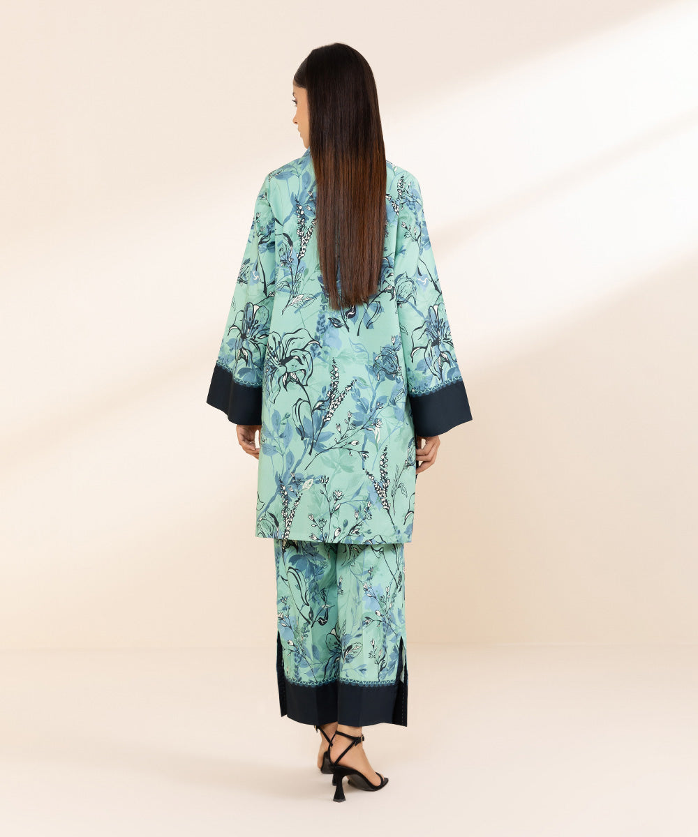 Women's Unstitched Printed Linen Blue 2 Piece Suit