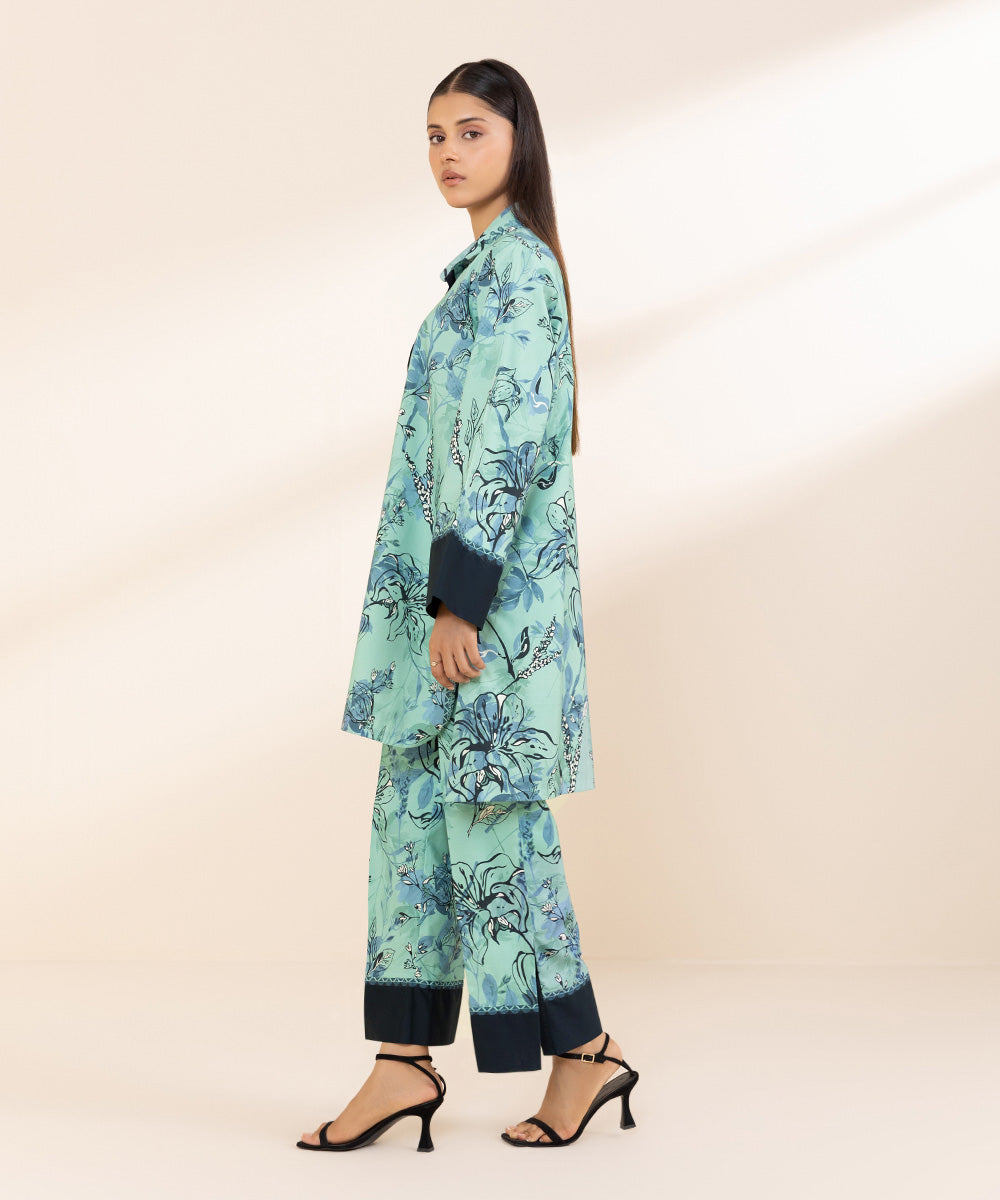 Women's Unstitched Printed Linen Blue 2 Piece Suit