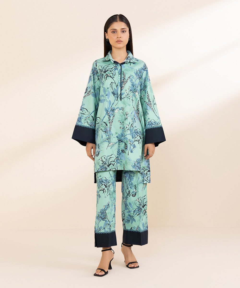 Women's Unstitched Printed Linen Blue 2 Piece Suit