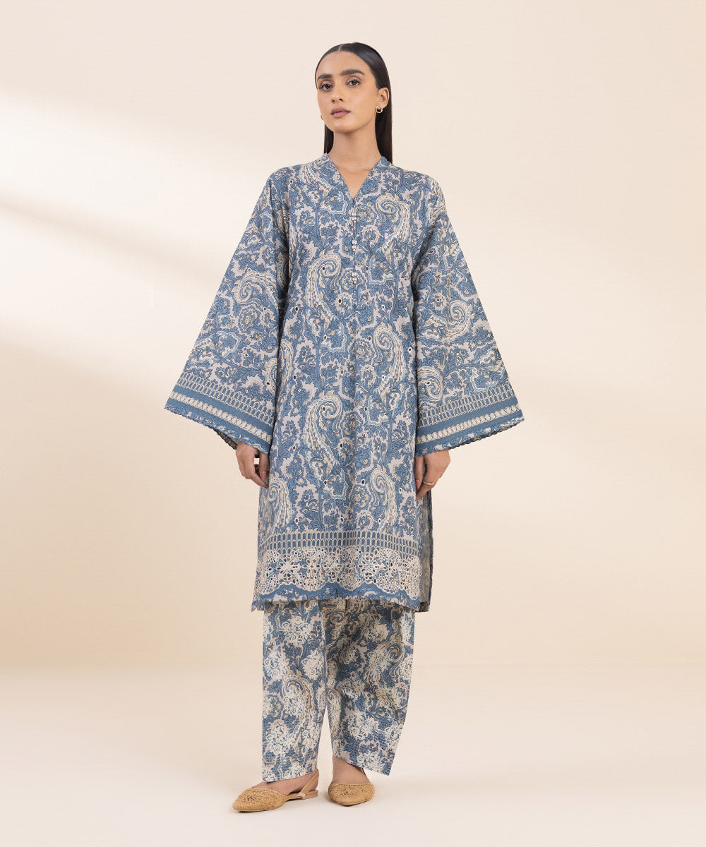 Women's Unstitched Embroidered Shades Of Blue Cambric Shirt and Trousers